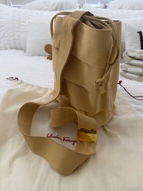 Salvatore Ferragamo Tan Canvas Shoulder Bag with Gold Buckle